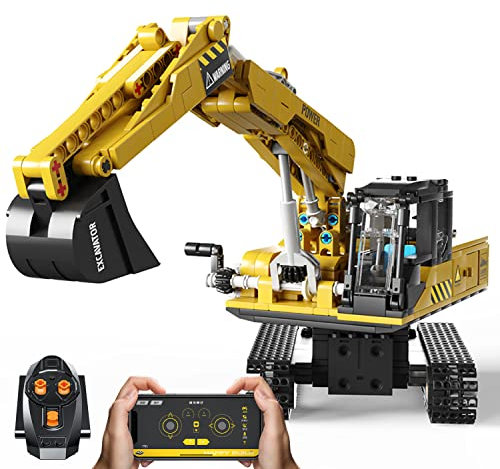 HAPPY BUILD 33001 Technik Ferngesteuert Bagger Bausatz, 686 Klemmbausteine Auto APP Raupenbagger Ingenieurfahrzeug Modell mit Motoren und Fernbedienung Kompatibel mit Mechanischer Bagger