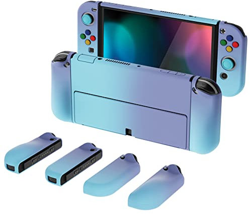 PlayVital AlterGrips Hülle für Nintendo Switch OLED, Joy Con Slim Case Schutzhülle Zubehör, Ergonomsche Grip mit Thumbstick Caps&Tasten Kappen für Nintendo Switch OLED(Farbgradient Blau Lila)