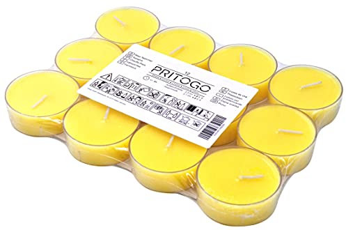 Pritogo Viva Lot de 12 bougies chauffe-plat parfumées avec coque en plastique Jaune citronnelle Durée de combustion 4 h Ø 5,8 x 2,3 cm