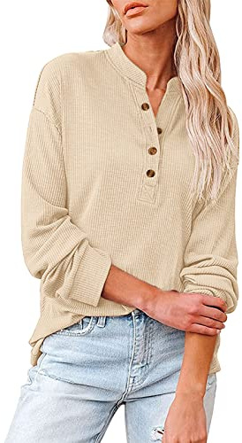 Damen Langarm Button-Down V-Ausschnitt Strickhemd Stehkragen T-Shirt Top Damen Top Einfarbig T Shirt (Beige, L)
