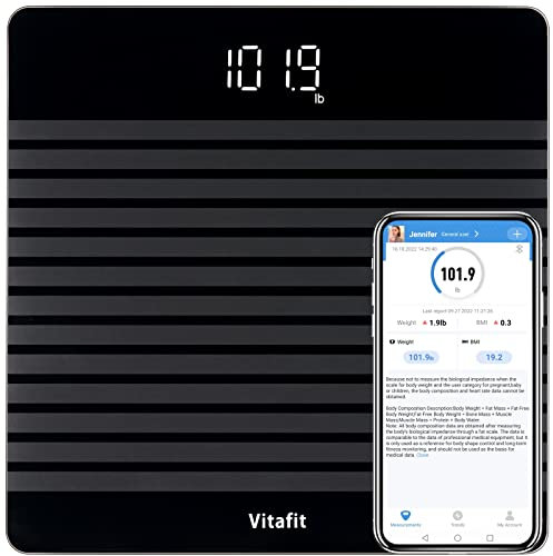Vitafit Digitale Personenwaage Waage mit Gewicht und BMI, Smarte Körperwaage mit App via Bluetooth, Rutschfeste Plattform,Schwarz