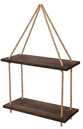 Hemp Rope Shelf Wood Wall Hanging Ladder Shelf Storage Rack for Living Room Bathroom Bedroom Kitchen Apartment Office 2 Tier Floating Shelves