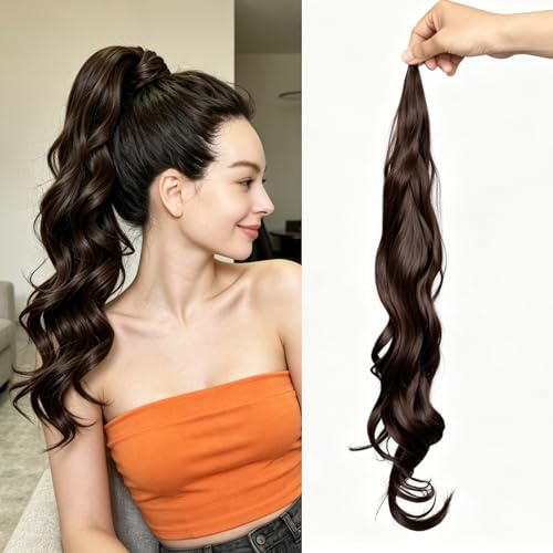 Chicmoi 32 Dark Brown Flexible Wavy Ponytail Hair Extensions 4 Pieces 4 Pieces