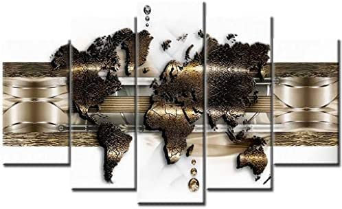 SAHROO 5-Teiliges Leinwandbild, Goldene Weltkarte Abstrakt Poster, Gemälde Auf Leinwand, Wandkunst Für Zuhause, Wanddekoration, 200X100 Cm / 79X40 Schlafzimmerbürohotelwandkunstfoto