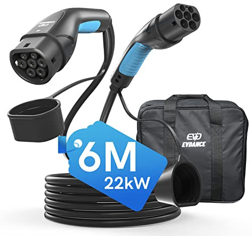 EVDANCE Câble Recharge Voiture Electrique Type 2 22KW 32A 6M Chargeur Voiture Electrique Triphasé Cable de Recharge Rapide Compatible avec Tesla et Tous Les BEV/PHEV avec Prises de Type 2 et CCS 2