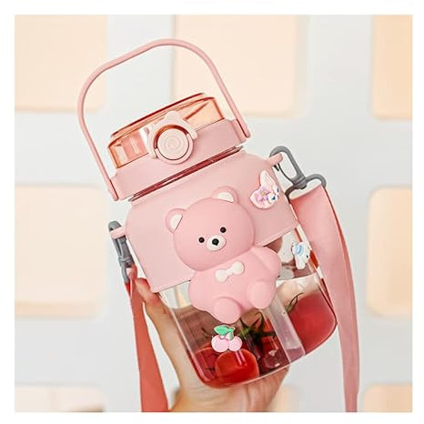 HACODAN Kawaii bottiglia di paglia con cinturino carino cartone animato bottiglie d'acqua con adesivi per le donne succo di caffè viaggio all'aperto (rosa)
