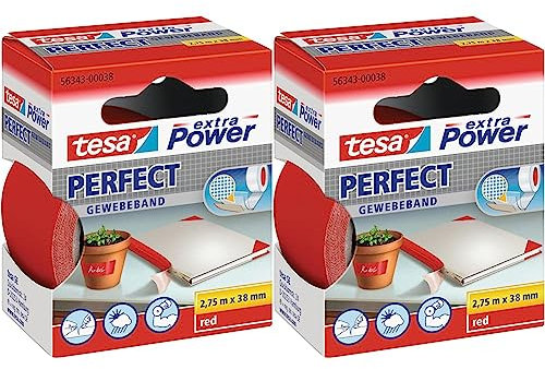 tesa extra Power Perfect Gewebeband - Gewebeverstärktes Ductape zum Basteln, Reparieren, Befestigen, Verstärken und Beschriften - Rot - 2,75 m x 38 mm (Packung mit 2)