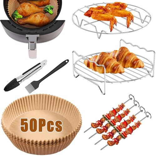 Air Fryer Accessories, Set of 6 for Ninja, Tefal, Cosori Air Fryer, Including 50Pcs 20 cm Round Air Fryer Liners & Dual Air Fryer Racks with 4 Kebab Skewers & Pastry Brushe & Kitchen Tong