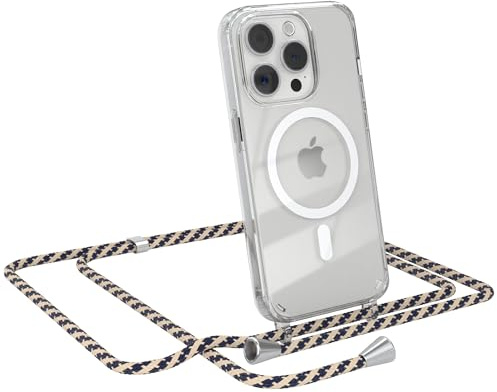 EAZY CASE - Handykette kompatibel mit iPhone 15 Pro Kette zum Umhängen Stoßfest Handyhülle für iPhone 15 Pro Silikon Hülle mit Band Handytasche Transparent als Fallschutz in Taupe Camouflage