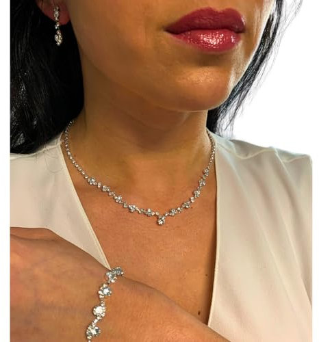 ONDEGO® 3er Set SILBER GLITZER Strass Schmuck Kette Schmuckset Armband Hochzeit Collier Halskette Brautschmuck Kommunion Ball Abiball