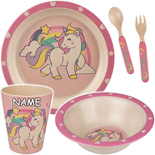 alles-meine.de GmbH Geschirr Artikelwahl 5 TLG. Geschirrset - Einhorn - Trinktasse + Teller + Müslischale + Besteck - inkl. Name - Kindergeschirr - Frühstücksset für Kinder -..
