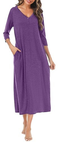 Leversic Chemise de Nuit Femme Manches 3/4, Chemises de Nuit Femmes Grande Taille Robe de Nuit Col en V avec Boutons et Poche Chemises de Nuit Femme Confortable et Doux XXL Violet
