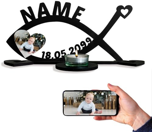 Teelichthalter Fisch Kerzenhalter Fische Mit Name,Datum & Foto auf Holz gedruckt - Tisch Dekoration für Taufe Kommunion Konfirmation Taufdeko - personalisiert Deko - Kerzen - kerzenhalter Tischdeko