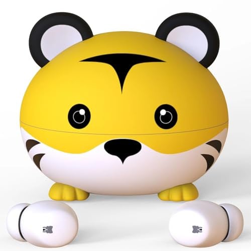 COOTIMOCK Kids Bluetooth Earbuds for Age 6 and Above, Tiger Shape and IPX6, Comfort Wireless Headphones for Kids with Microphone, Safe Volume Limited for School/iPad/PC/TV/Cellphones, Yellow