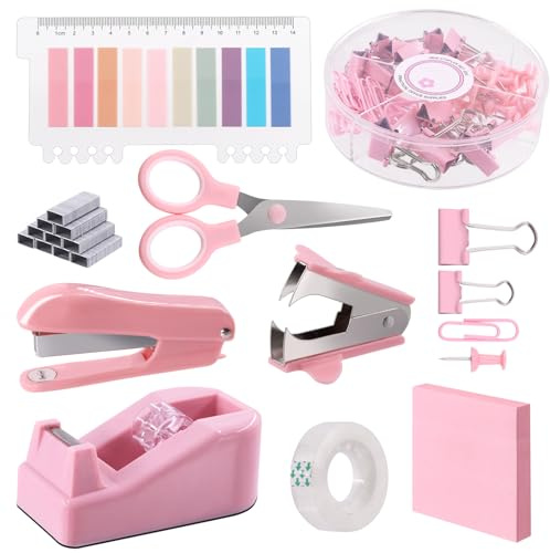 Keadic 9 Stück 10 in 1 Bürobedarf Set enthält 1000 Heftklammern Hefter Klebebandspender Stifthalter Heftklammerentferner Klammern Lineal Schere Registerkarten Klebeband Schreibtischzubehör(rosa)