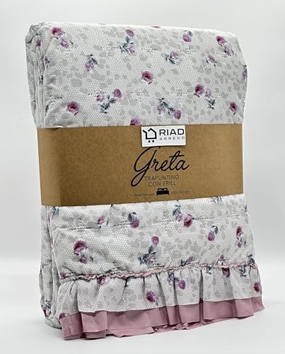 Riad Arredo Trapuntino Matrimoniale Double Face Con Volant Primaverile Estivo Morbida Microfibra - Copriletto Trapuntato Leggero Elegante Shabby (Fiorellini Lilla)