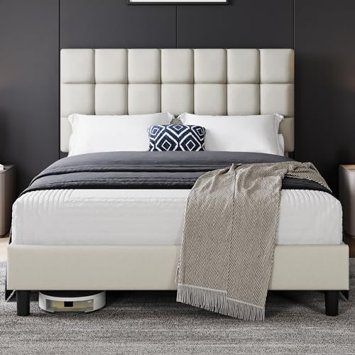 Yaheetech King Upholstered Bed Frame with Adjustable Square Tufted Headboard/Linen Fabric/Sturdy Wooden Slat Support/No Box Spring Needed, 5ft Beige