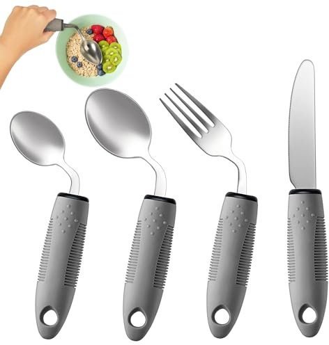 BaseSmall Adaptive Utensils - Juego de 4 piezas - Tenedor de ángulo fijo, cuchara, cuchillo y cucharadita con asas anchas antideslizantes - Ideal para ancianos, artritis, parkinson y movilidad