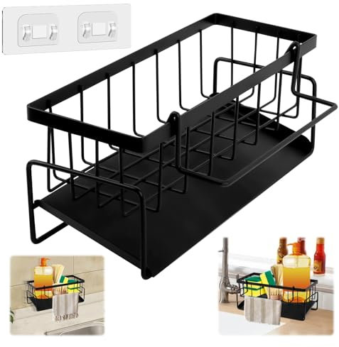 TNOMSNO Organizador de Fregadero Con Gancho, Soporte Estropajo para Fregaderos de Baño y Cocina (Negro)