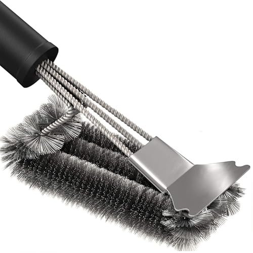 Heavy Duty BBQ Grill Brush | 3-in-1 Scraper + Stainless Steel Bristles | Extra Long Handle for Charcoal/Gas/Electric Grills - Clean Grates & Grills Without Scratches