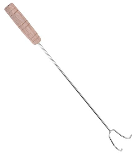 CIYODO Stainless Steel Double Hook Meat Turner Non-slip Wooden Handle for Bbq Outdoor Cooking and Camping Versatile Roasting Food Flipper for Grilling Skewers and Rotisserie Use