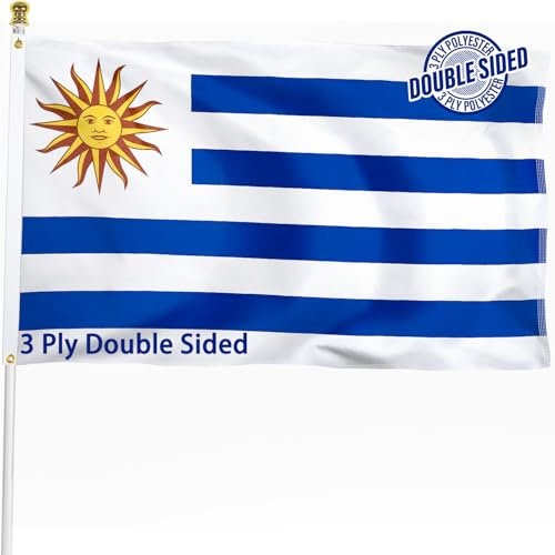 Uruguayische Uruguay-Flagge, 90 x 152 cm, doppelseitig, 3-lagig, strapazierfähig, Uruguay-Nationalflagge, 100 % hochwertiges Polyester, uruguayisches Banner mit Messingösen, 4-reihige Stiche