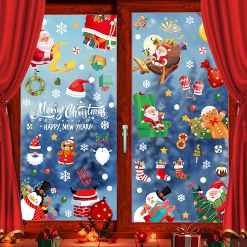 130 Fensterbilder Weihnachten Selbstklebend, Weiß Schneeflocken Weihnachtsdeko Fenster Wiederverwendbar, PVC Weihnachtsdeko innen Fensterdeko Kinder, Schneeflocken, Weihnachtsmann, Rentiere, Glocken