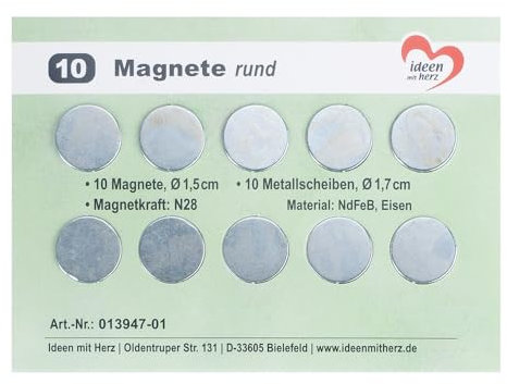 Ideen mit Herz | Mini Magnete Rund | 10 Stück | Kleine Flache Magnete zum Basteln | Ø 1,5 cm | 10 Metallscheiben Gegenstücke Ø 1,7 cm