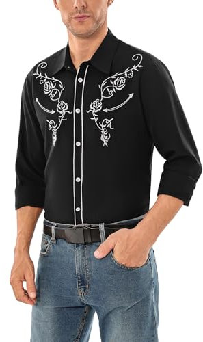 Sykooria Men's Cowboy Shirts Long Sleeve Floral Embroidery Western Shirts Vintage Casual Regular Fit Button Down Shirts, Ink Black XL