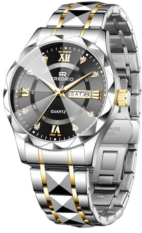 Uhr für Männer Diamond Business Dress Analog Quarz Edelstahl Wasserdicht Leuchtdatum Zwei-Ton-Luxus Casual Armbanduhr Silber Schwarz