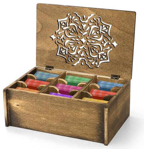 WRINGKIT Scatola portaoggetti per tè, scatola da tè in legno con 9 scomparti, scatola per tè con coperchio intagliato floreale, contenitori per tè assortiti, decorazione per la casa, scatola