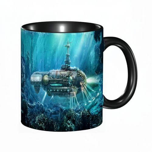EKLMPS Becher aus Keramik, Ideal als Geschenk, Hochwertiger Aufdruck, Tasse mit Motiv, Tee Becher, Coffee Cup, 330ml,Fantastisches U-Boot im Meer. Konzeptkunst.