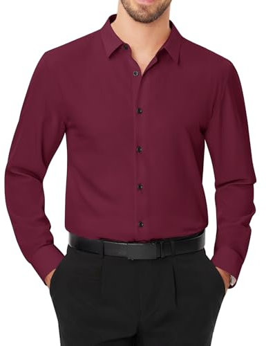 J.VER Männer Hemden Unifarben Longsleeve Anzugshemd Formal Wrinkle Free Bürohemd Berufspendler Outdoor Arbeitshemd,Bordeauxrot,L