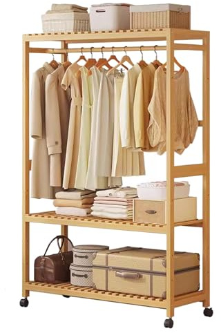 MiaJJooLi Porte-vêtements sur roulettes, porte-manteau en bambou avec 2 niveaux d'étagères de rangement, placard ouvert et une tringle supérieure pour suspendre les vêtements pour la chambre et le