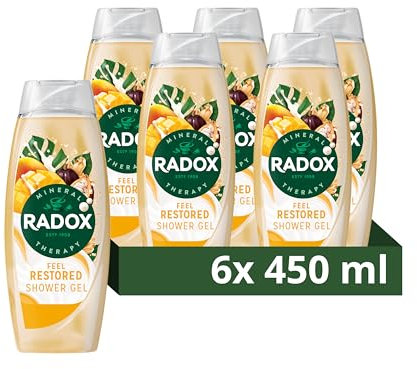 Radox Mineral Therapy Feel Restored Shower Cream Body Wash uniquely blended with minerals, herbs and a mango & cocoa butter scent for a mood-boosting experience 6x 450 ml