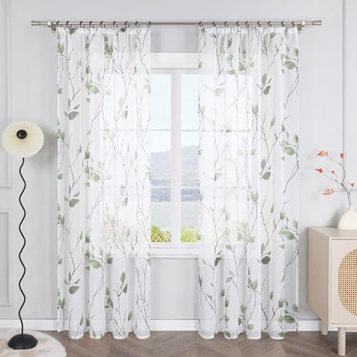 SCHOAL Gardinenschal mit Kräuselband Transparent Vorhang Gardine mit Blätter Muster Bedruckt Fensterschal für Wohnzimmer und Schlafzimmer 1 Stück BxH 140x145cm Grün