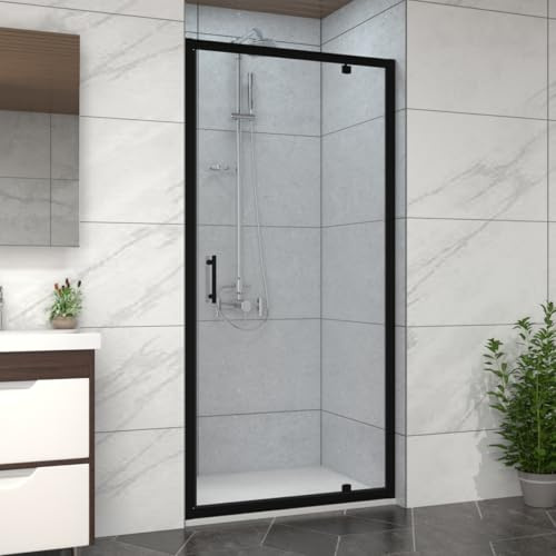 NRG 900mm Black Framed Bathroom Shower Enclosures Pivot Door with 900x900mm SMC Square Shower Tray White