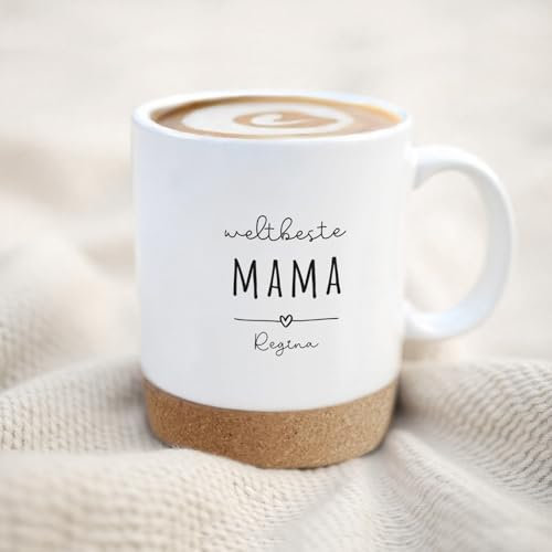 hellomini Personalisierte Keramik-Tasse mit Korkboden & Deckel – Individuelles Geschenk zum Muttertag – Hochwertig & einzigartig (Weltbeste Mama)