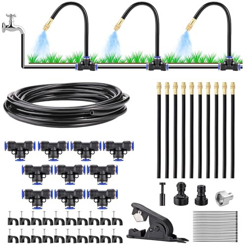 Kit d'irrigation goutte à goutte automatique de 10 m – Système d'arrosage de jardin avec 10 buses de brume pliables réglables à 360° en laiton, adaptateur de robinet, tuyau et coupe-bordures pour
