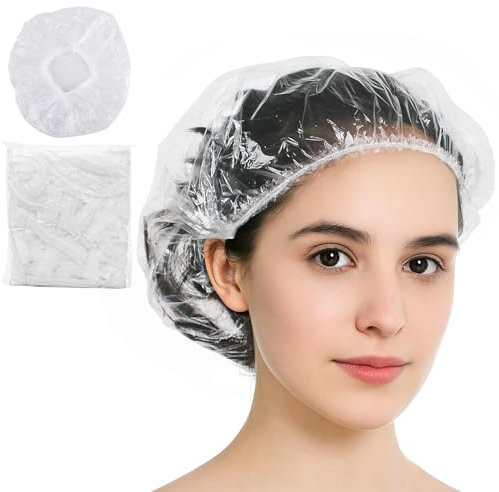 100 cuffie da doccia usa e getta, impermeabili, per donne, in plastica, per trattamento dei capelli, per saloni, spa, viaggi, uso domestico, hotel, doccia (bianco)