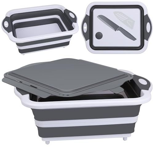 QiMH Collapsible BBQ Prep Tub, Picnic Basket with Lid Foldable Dish Basin, Washing and Draining Veggies Fruits, Food Grade Portable Cutting Board for Camping, Traveling, and Kitchen