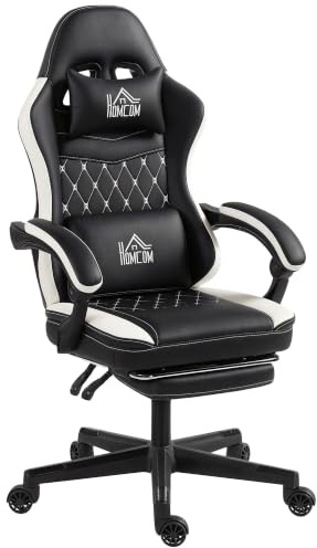 HOMCOM Gaming Stuhl Ergonomisch mit Lendenwirbelstütze Fußstütze Schwarz | Höhenverstellbar, Gaming Sessel mit Kopfkissen, Liegefunktion Bürostuhl, Diamantgenähtes Muster, Kunstleder
