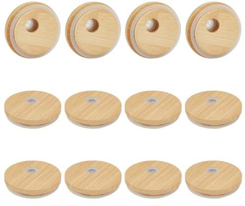 OLYCRAFT 12Pcs Bamboo Lid for Glass Cups 70mm Reusable Cup Lid with Straw Hole Wood Mason Jar Lids Replacement Beer Glasses Lid Wooden Lids with Leak-proof Silicone for Regular Mouth Beer Glasses