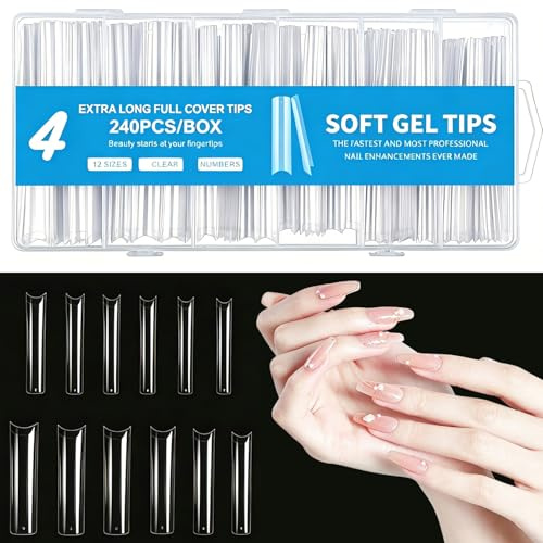 240 Pcs Extra Long Nail Tips, Soft Gel Full Cover Nail Tips | Clear Square Coffin Fake No C Curve Naill Tip, Long Acrylic False Nails Traceless for Salons and DIY Nails Art
