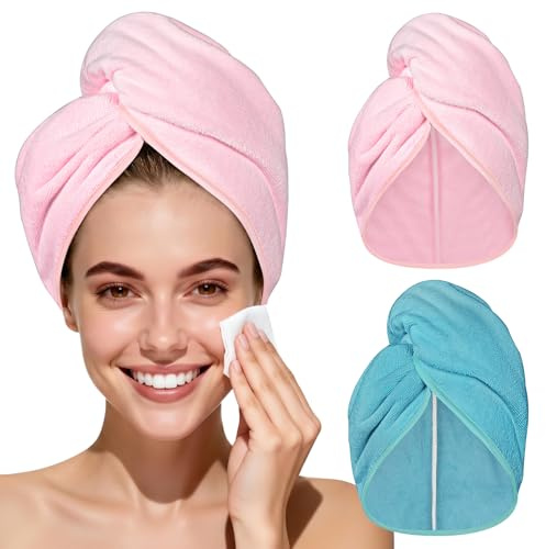 HOTUT 2-pack mikrofiber hår handduk wrap, tvinnad turban snabbtorkande hårkepsar, superabsorberande, snabb, knappar badögla fäst salong torrt hår hatt, anti-friss, för kvinnor lockigt lång