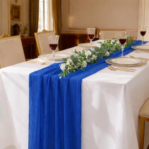 DecoHomeTextil Musselin Tischläufer 80 x 300 cm Blau (Double Pack) Weicher Gaze Stoff mit Faltenoptik für Hochzeit, Geburtstag, Party & stilvolle Tischdekoration Boho