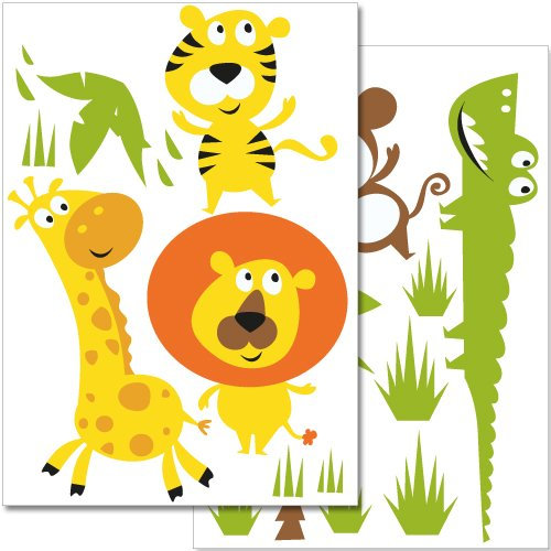 Wandkings Dschungeltiere Wandsticker Set, 28 Aufkleber, 2 DIN A4 Bögen, Gesamtfläche 60 x 20 cm