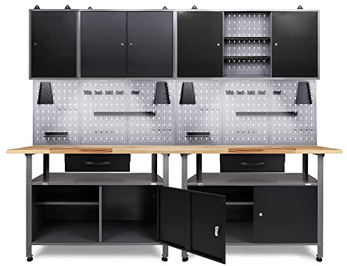 Ondis24 Werkstatt Set Klaus 240 cm 3 Schränke LED (Arbeitshöhe 85 cm, Schwarz)