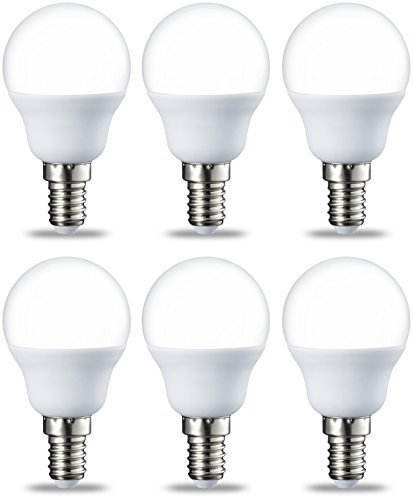 Amazon Basics Lampadina piccola a forma di palla da golf, P45, a LED, attacco Edison E14 (SES), 5.5 W (equivalente a 40 W), luce bianca calda, non dimmerabili, 6 Unità (Confezione da 1)