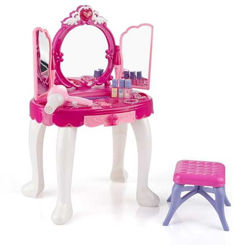 Crystals Kids Dressing Table, Princess Glamour Kids Vanity Table, Toddler Vanity Table, Girls Dressing Vanity Table With Mirror And Stool, Pink
